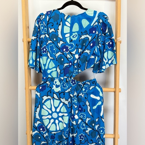 RHODE Blue Floral Linen blend wide leg  flutter sleeve Jumpsuit size S - Picture 8 of 13